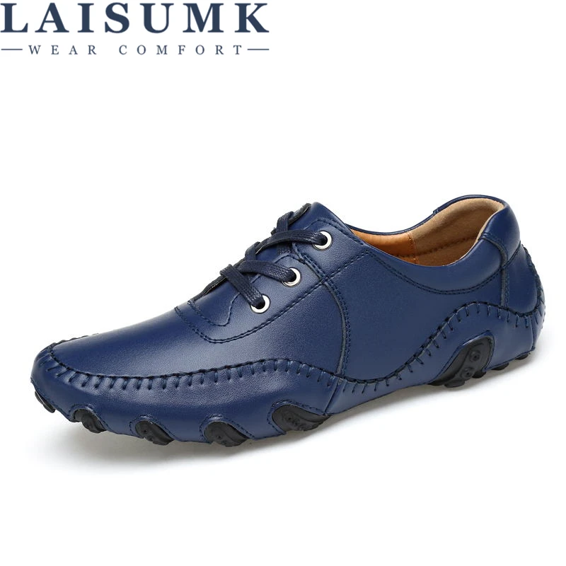 

LAISUMK Mens Casual Shoes Handmade Split Leather Lace Up italian Style Blue Men Footwear Top Quality Man Driving Shoes Big Size