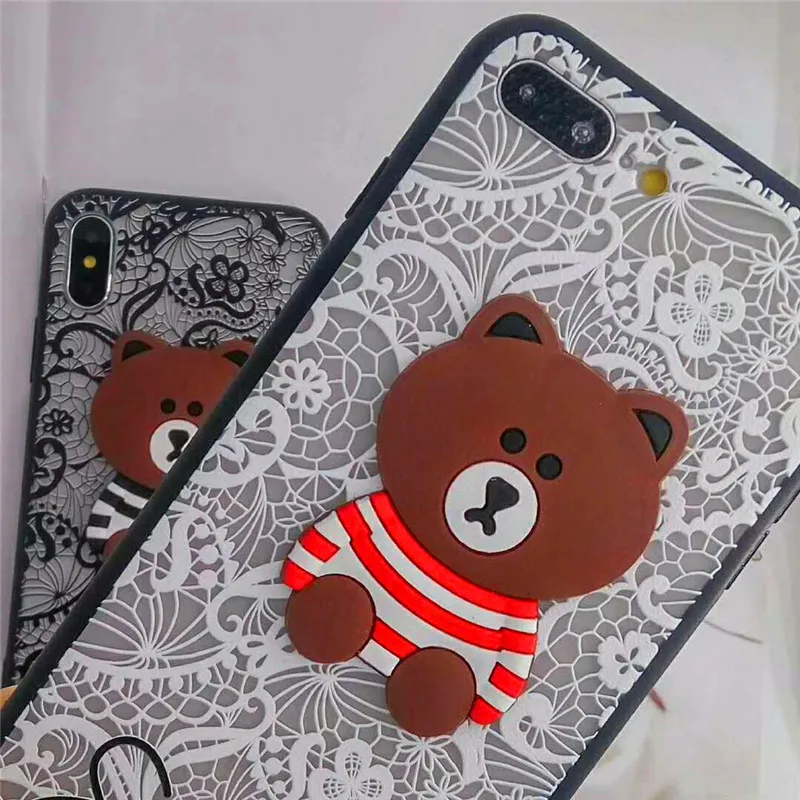 

Luxury Back Cover For Samsung Note 8 9 S7 Edge S8 S9 Plus Capa Lace Flower Pattern Smile Bear Love Brown Cartoon Phone Case