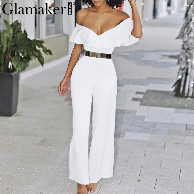 Glamaker Elegant ruffle summer jumpsuit Women sexy off shoulder belt jumpsuit overalls Streetwear wide leg jumpsuits rompers 90s 1
