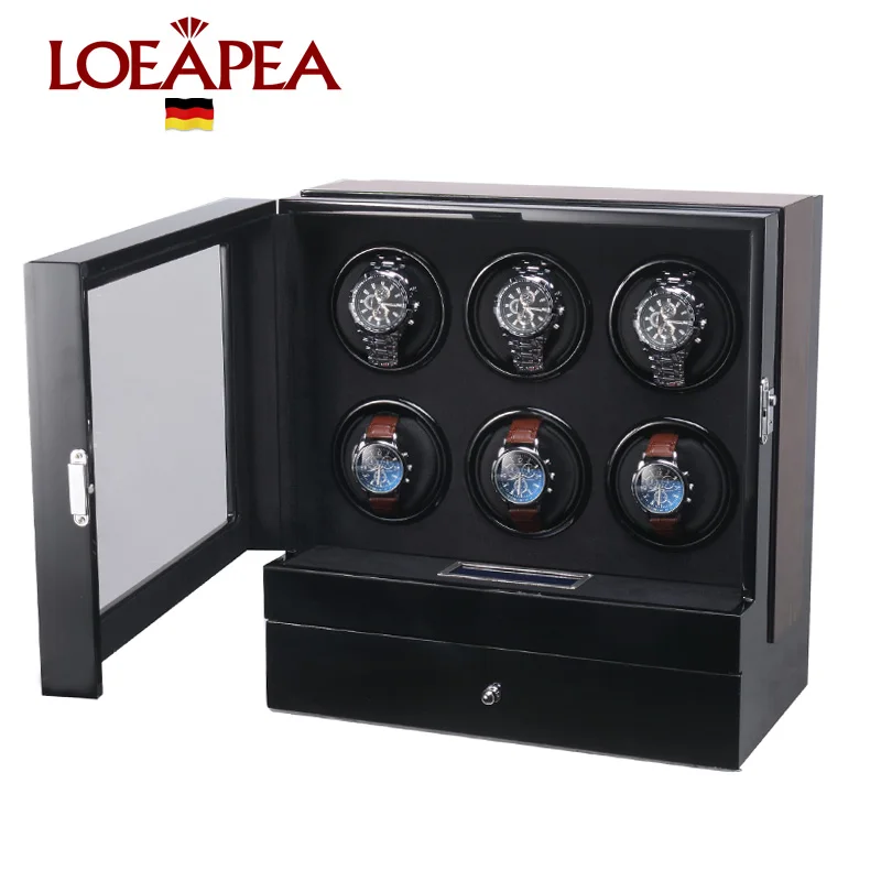 

HOTSALE Automatic Watch Winder 6 rotators with Watches and Jewelry Storage Drawer, LED Backlight and LCD Touchscreen Control