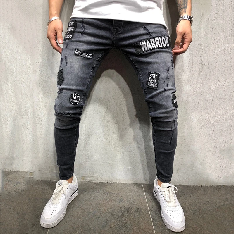 

New Hole Embroidery Mens Jeans Fashion Men's Casual Jeans Male Blue Hip Hop Pants Slim Fit Jeans for Men