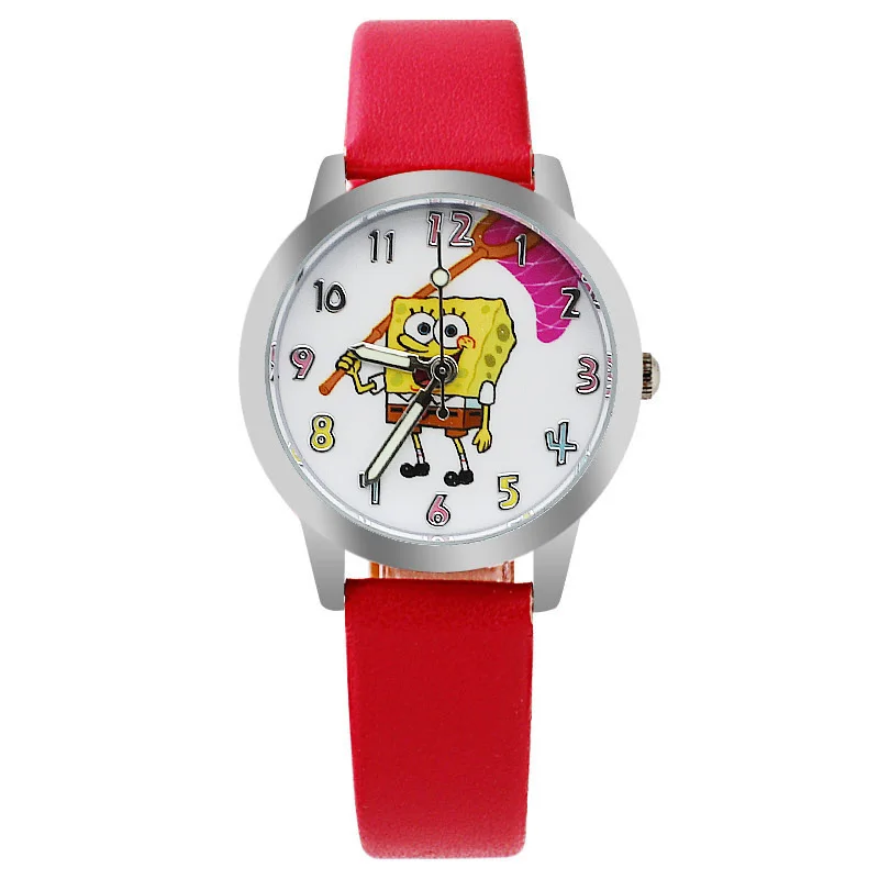 Новые брендовые Детские часы, повседневные кварцевые светящиеся часы с кожаным ремешком, детские часы с рисунком губки боба, подарок на день рождения для мальчиков и девочек
