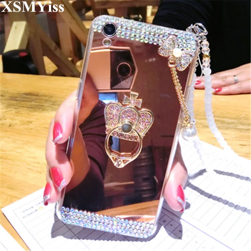 

For Samsung S6 S7 S8 S9 S10 Plus Lite Note 5 8 9 10 Bling Rhinestone Pendant Finger Ring Stand Soft Mirror Back Cover Phone Case