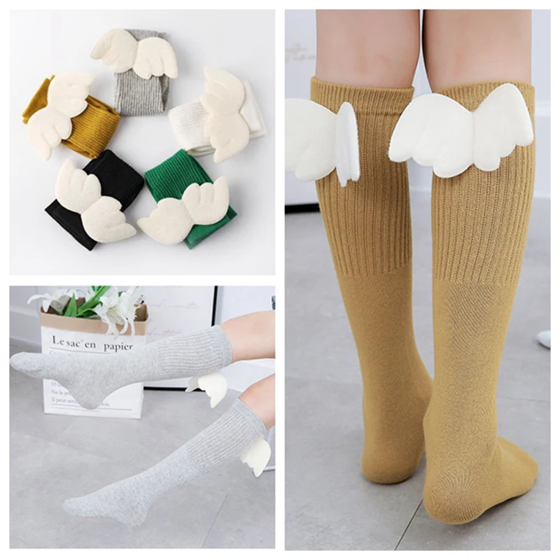 

Lovely Baby Girls Socks Angel Wing Girls Knee High Socks Cotton Knitted Solid Color Winter Kids Socks Infant Leg Warmer 3-12 Y