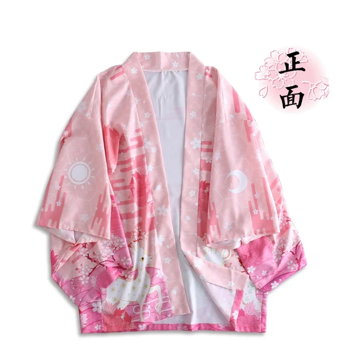 Японский стиль Сакура олень печати кимоно Haori юката мода лето солнцезащитный кардиган пальто для женщин мужчин Ежедневно Косплей пара Топы
