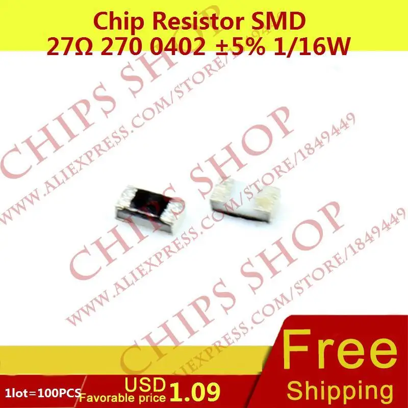 1LOT=100PCS Chip Resistor 27ohm 270 0402 5 1/16W 0.063W Package0402