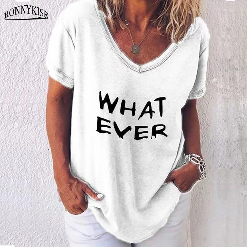 

RONNYKISE Letter Print Short Sleeve T-shirts Women's Fashion Rond Neck Cotton Tops Summer Casual Loose Shirts