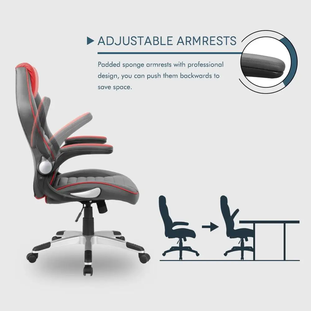 Leather Gaming Chair Pu Executive chair with Foldable Arms High Back Swivel Computer Reclining Chair