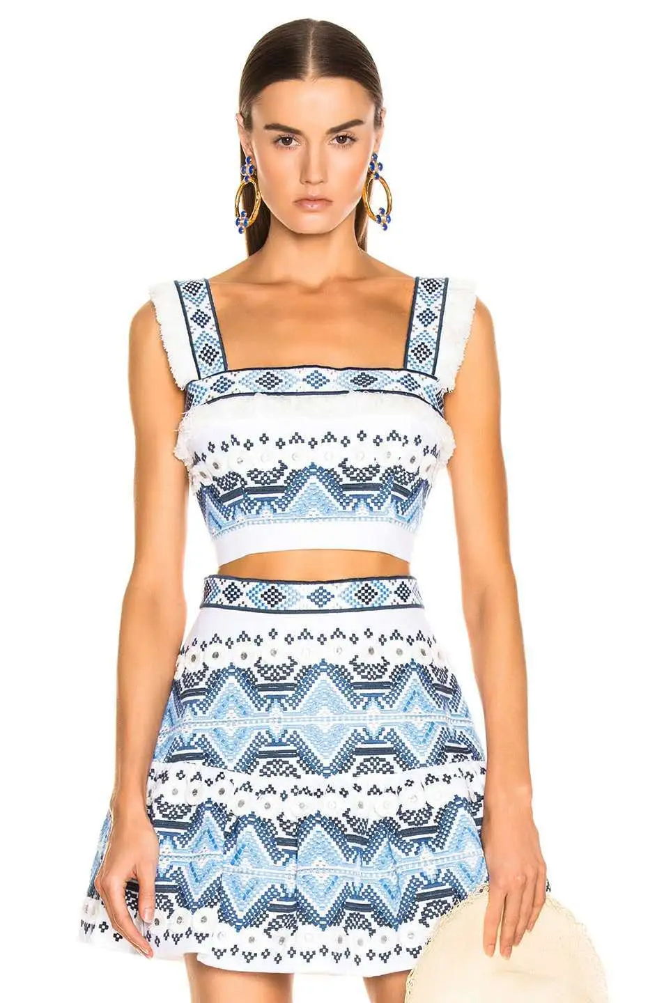 

2019 Fashion Embroidery Two Piece Sets Strap Top and High Waist Skirts