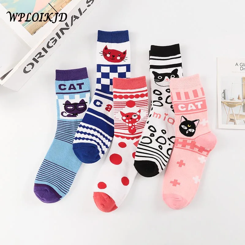 

[WPLOIKJD]Lovely College Style Wind Autumn Winter Printing Cat Women Socks Personality Cotton Cylinder Hip Hop Funny Socks Sox