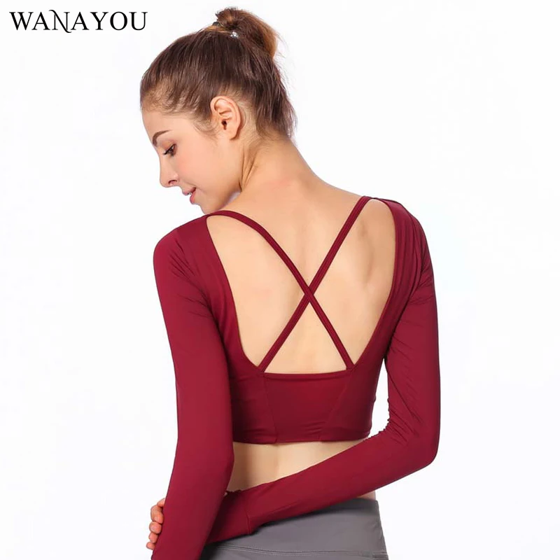 

WANAYOU Back Cross Long Sleeve Sports Shirts, Women's Yoga Shirts, Seamless Full Sleeve Running Shirt, Fitness Gym Yoga Tops