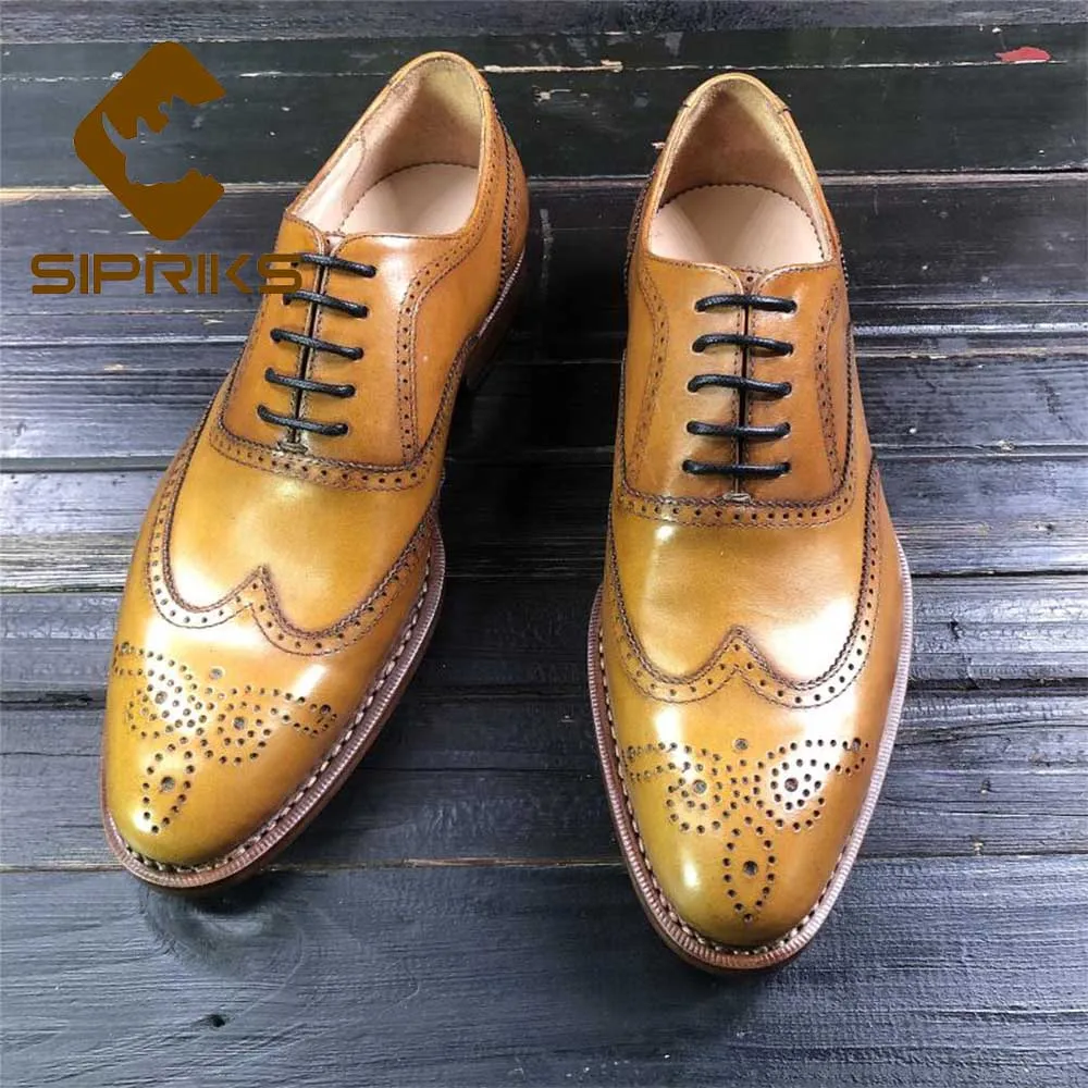 

Sipriks Luxury Brand Imported Italy Casl Leather Dress Oxfords Vintage Full Brogue Shoes Lemon Yellow Black Business Gent Suit