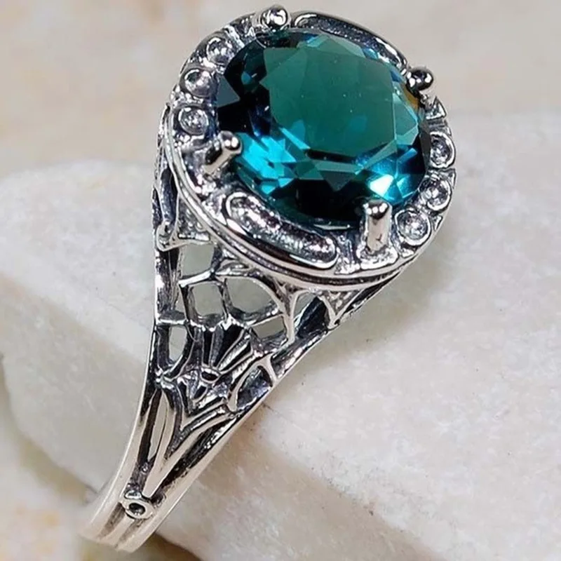 S925 Серебряное кольцо с зеленым драгоценным камнем ювелирных изделий выдалбливают Ретро бирюзовый драгоценный камень ювелирные изделия S925