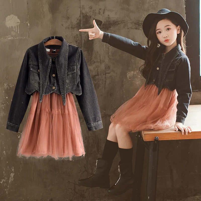 

Boutique Kids Clothing Girls Sets Autumn 2018 New Children's Korean Cowboy Short Coat Fashionable Yarn Skirt 2pcs Sets CLS257