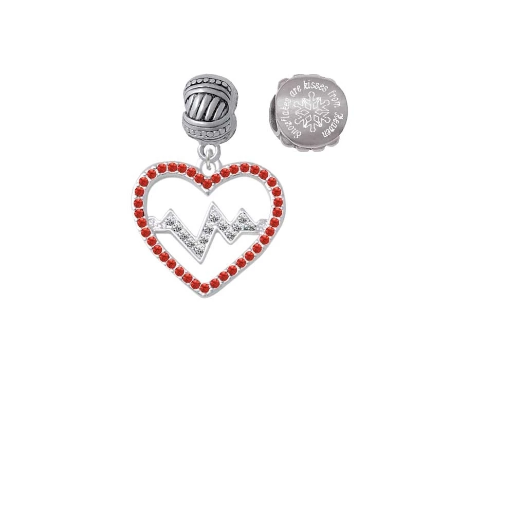 Silvertone Large Red Crystal Heart with Clear Heartbeat Snowflakes are Kisses from Heaven Charm Beads (Set of 2)
