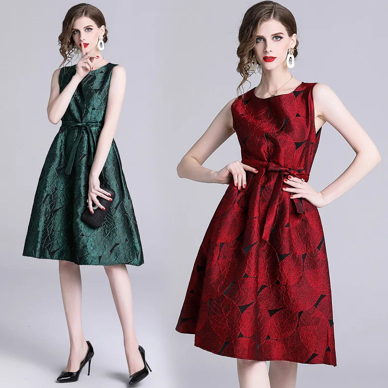

European 2019 Summer Style Women's Sleeveless Jacquard Dress Female Casual High Waist Belted Clothing Slim Tank Dresses