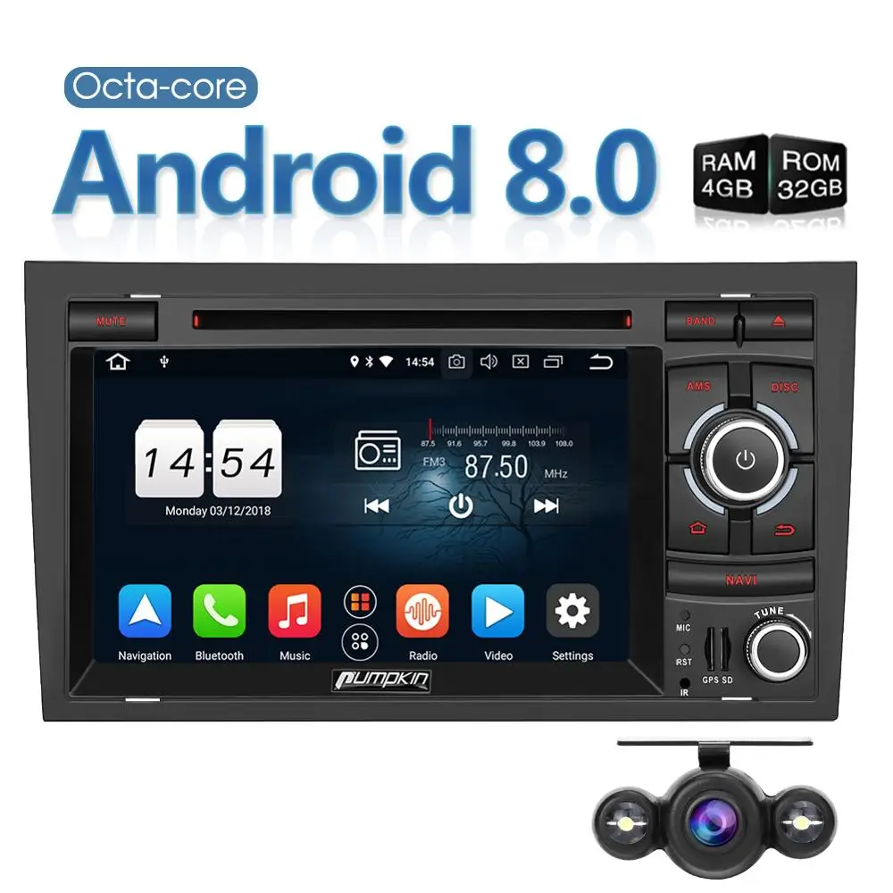 

Pumpkin 2 Din 7''Android 8.0 Car Stereo Octa Core GPS Navigation 4GB RAM for Audi A4 2003-2008 Car Radio DVD Player Wifi 4G OBD2