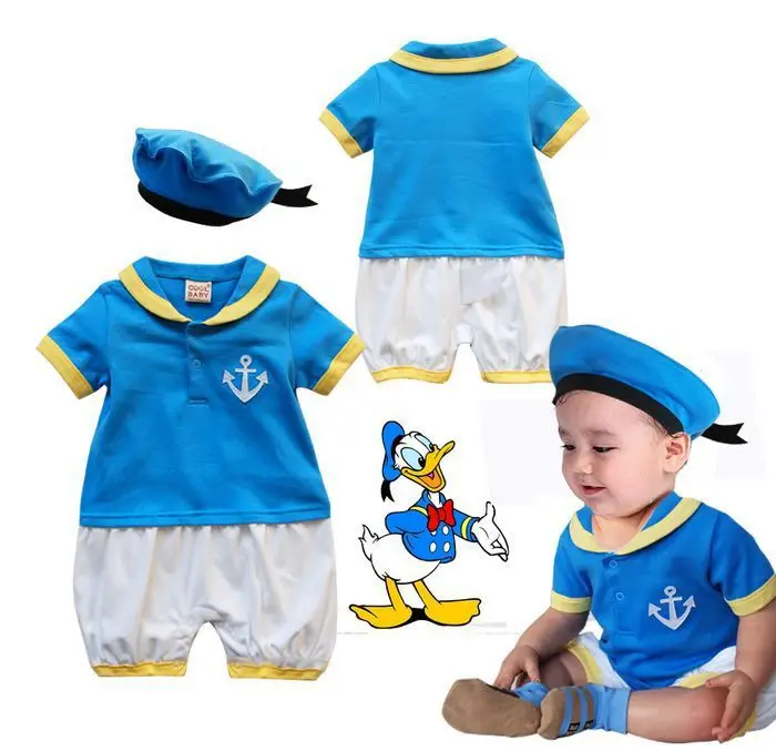 

Summer baby boys romper Donald duck modelling blue color short sleeve rompers + navy hat cap baby clothing sets new 2015