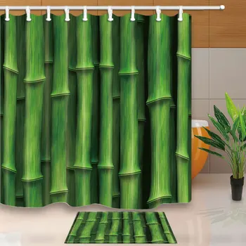 

Bamboo Green Shower Curtains Modern Simple Style Bath Screen Home Decoration Polyester Fabric Waterproof Mildew Proof with Hooks