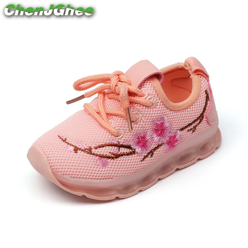 Детская обувь для девочек и мальчиков светящаяся обувь повседневные кроссовки светодиодный светящаяся детская обувь с вышитыми цветами воздушная сетка мягкая