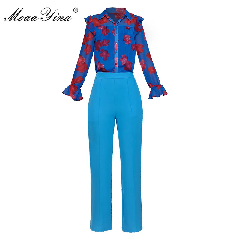 

MoaaYina Fashion Designer Set Spring Summer Women Ruffles Long sleeve Floral-Print Shirt Tops+Pockets Long Pants Two-piece suit