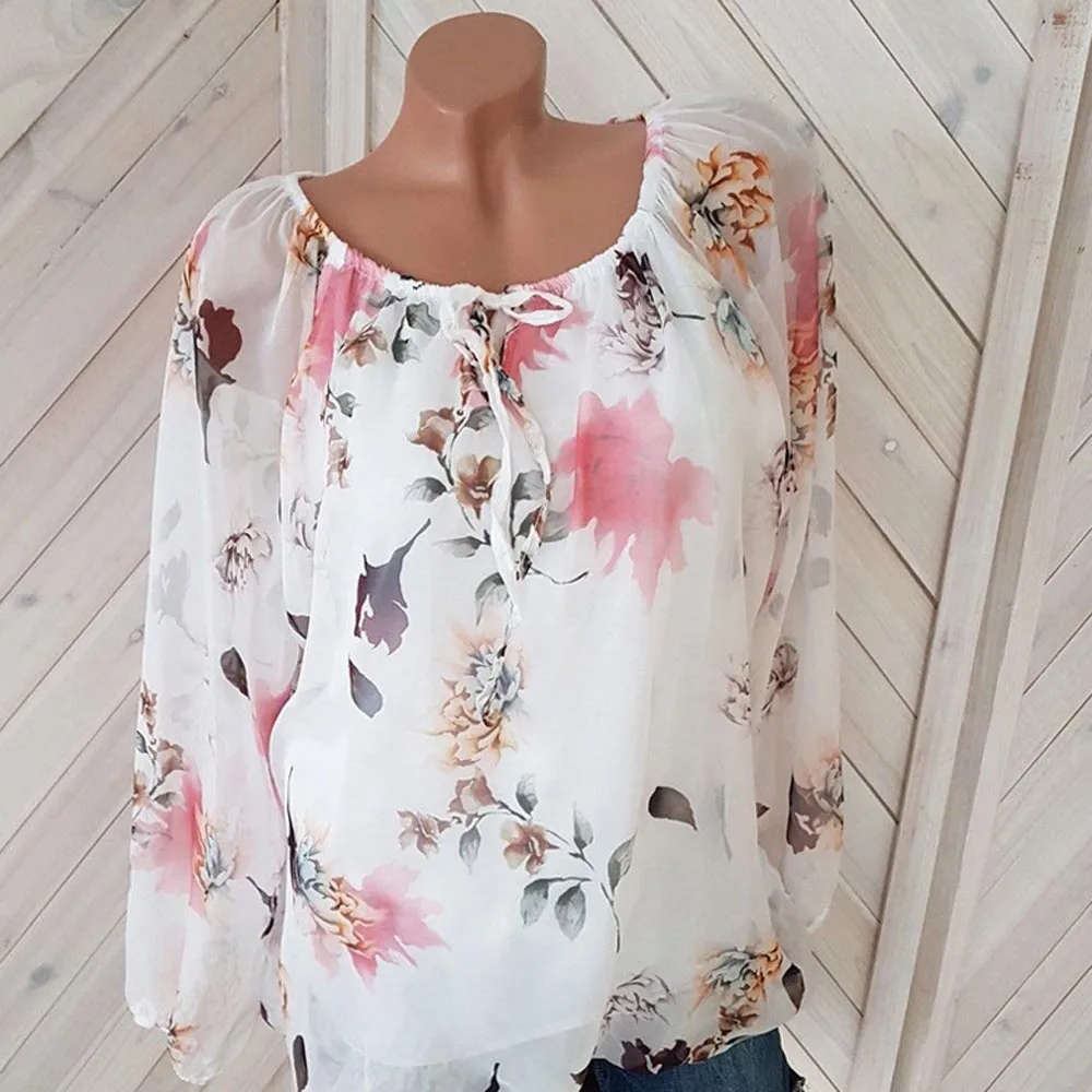 

New Arrival Summer Spring Women Floral Printed Chiffon Blouse Shirt Sexy Lace Up Full Sleeve Blouse Shirt Female Blusa Plus Size