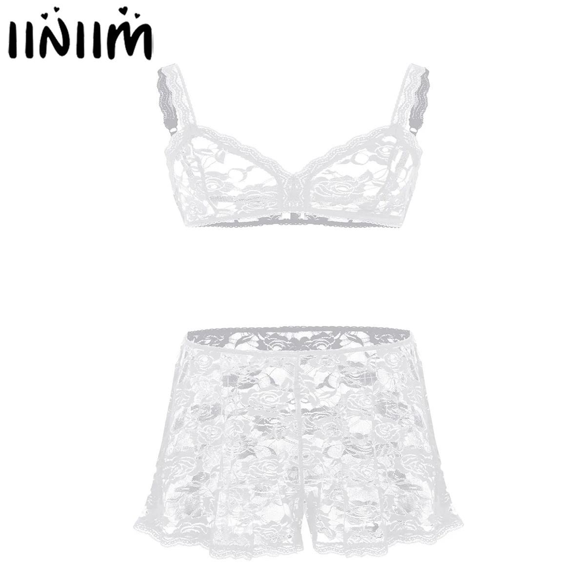 

iiniim Mens Lace Sissy Lingerie Exotic Set See Through Sheer Adjustable Straps Wire-free Unlined Bra Top with Loose Shorts