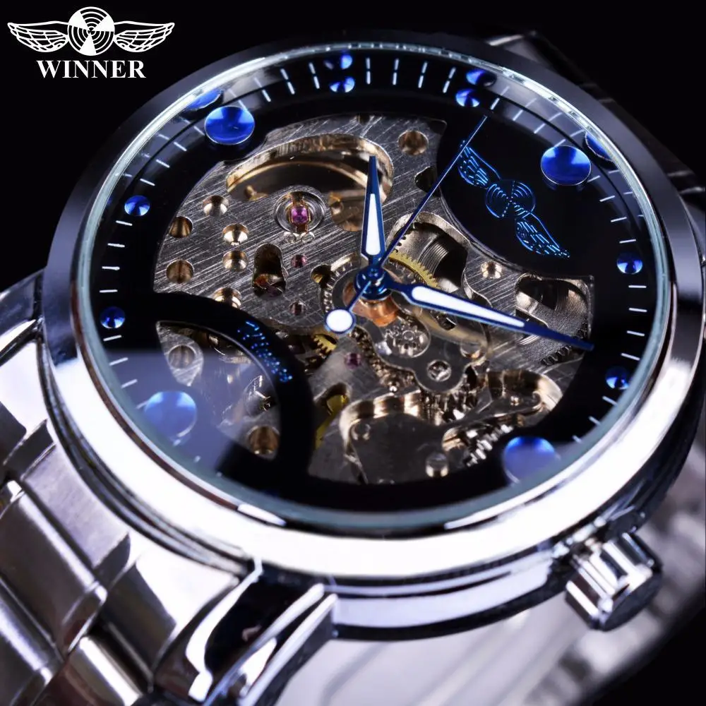 Модные победитель фирменный синий океан Повседневное дизайнерские Одежда высшего качества Полный Нержавеющая сталь Для мужчин Мужские часы-скелетоны Роскошные автоматические часы - Цвет: Black-Blue