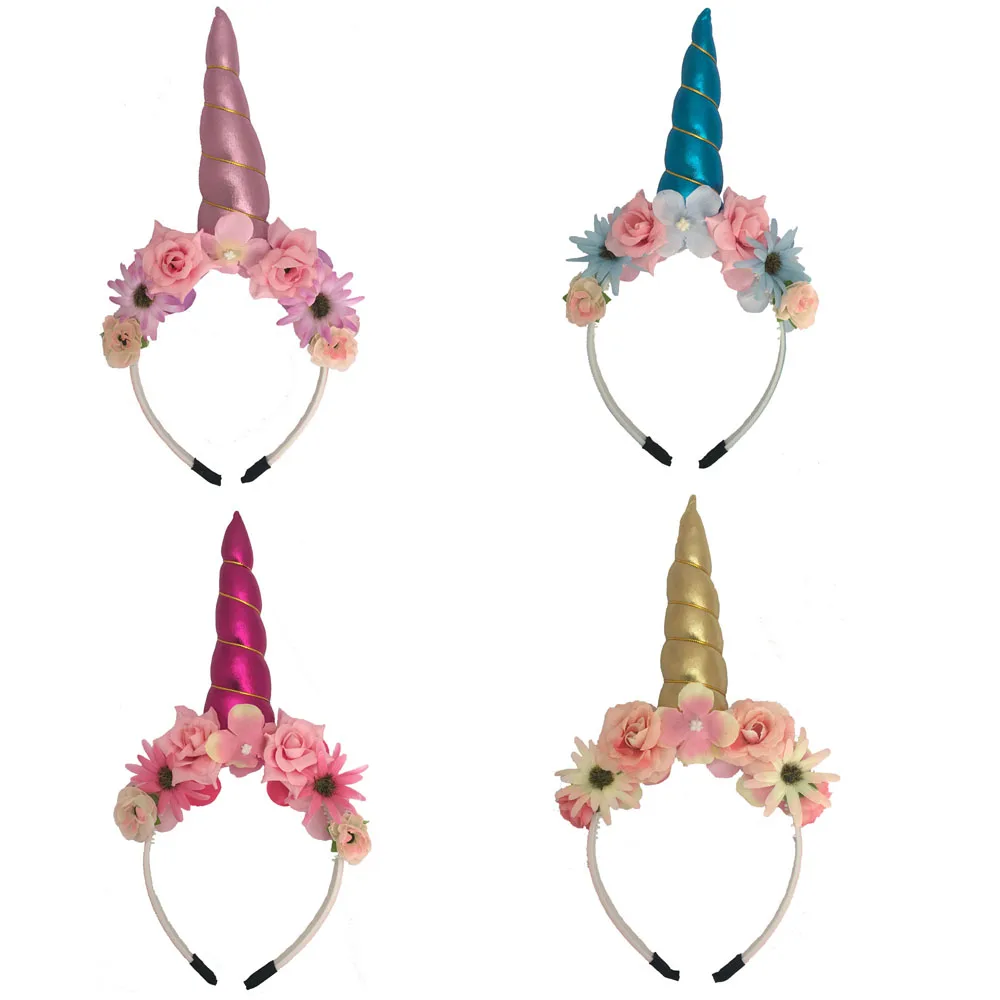 

Baby Girls Glitter Metallic Unicorn Headband Flowers Hairband For Kids Horn Party Hair Accessories