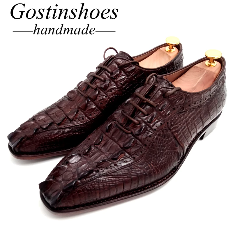 Goodyear Welted Handmade Men Dress Shoes Luxury Brown Genuine Crocodile Skin Lace-up Pointed Toe Men Formal Shoes Oxford GSTN014