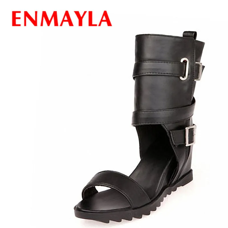 

ENMAYLA Women Open Toe Wedges Heels Summer Boots Med Heels Buckle Motorcycle Boots Black White Shoes Punk Half Boots Size 43