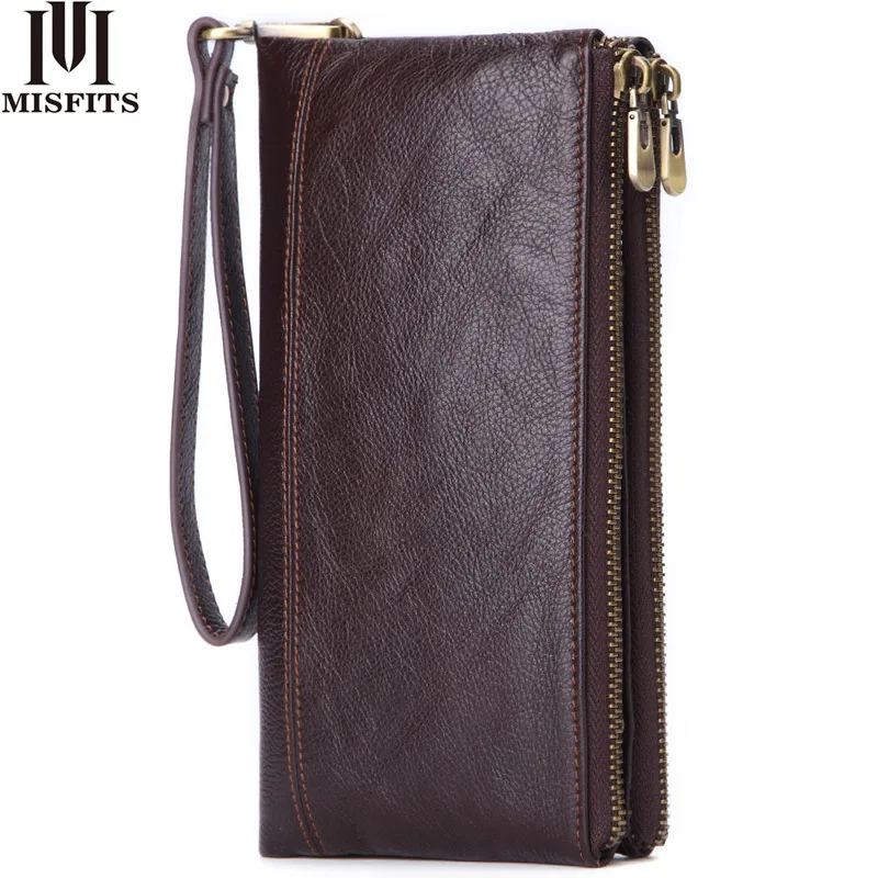 

MISFITS Genuine Leather Men Wallet vintage Clutch Coin Purse Quality Zipper Long Walet Male Large Capacity Card Holder PORTFOLIO