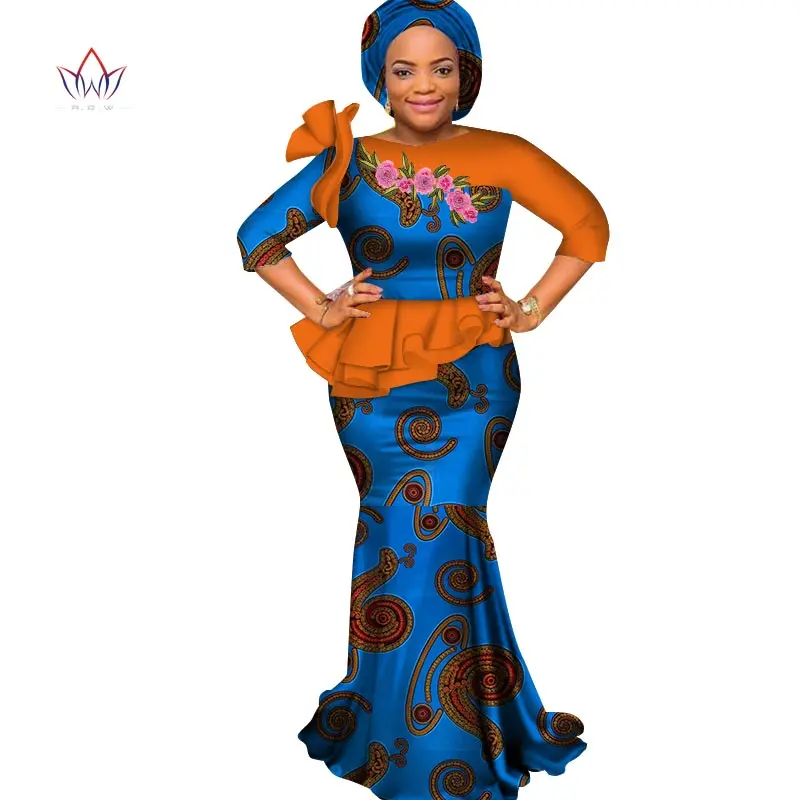 Дашики африканская Женская одежда с круглым вырезом Африканский принт одежда для женщин хлопок Юбка Набор размера плюс халат Базен Африканский WY4060