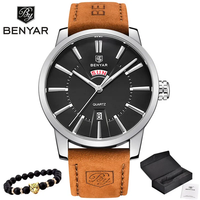 2019 Luxury Brand BENYAR Men Sport Watches Men's Quartz Clock Man Army Military Leather Blue Wrist