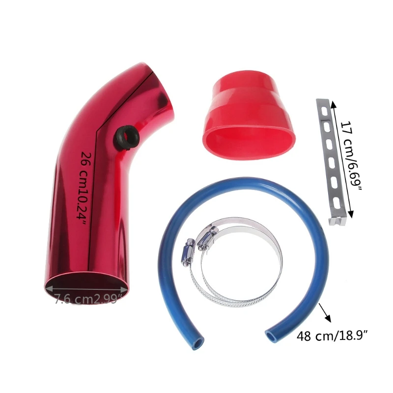 Aluminum Car Cold Air Intake Pipe 3" & Filter w/Clamp+Accessories Red Universal