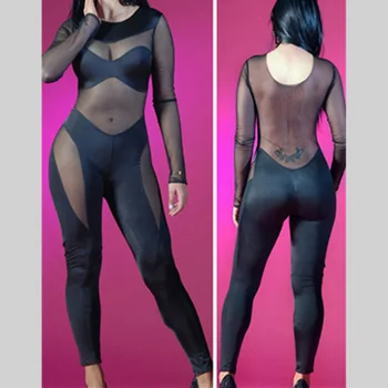 

Hot Lace Solid Bandage Jumpsuit Mesh O Neck Summer Style Night Club Lady Bodysuit Elastic Waist Catsuit 2016 Playsuit