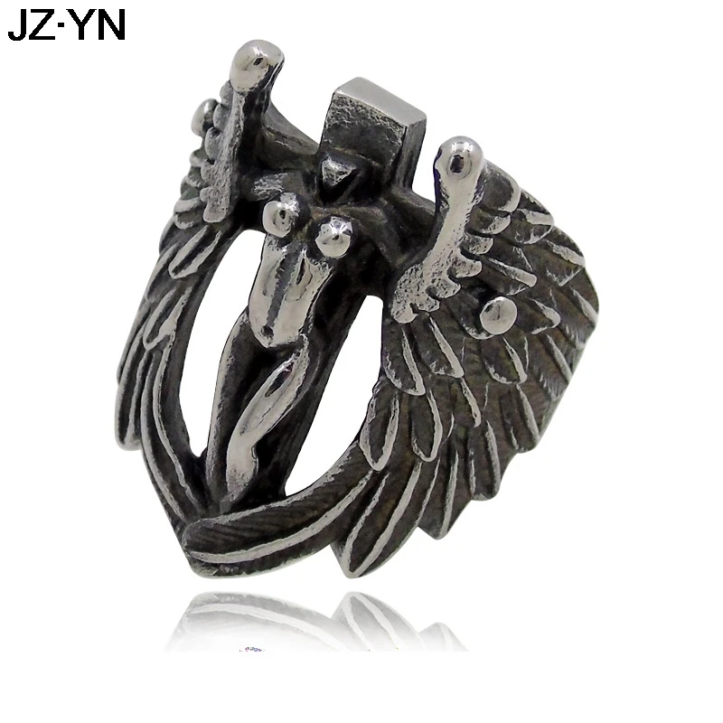 

2019 New Arrival Jesus Cross Angel Wings Men's Titanium Steel Vintage Ring Fallen Angels Casting Ring Mens' Wings Cross Ring