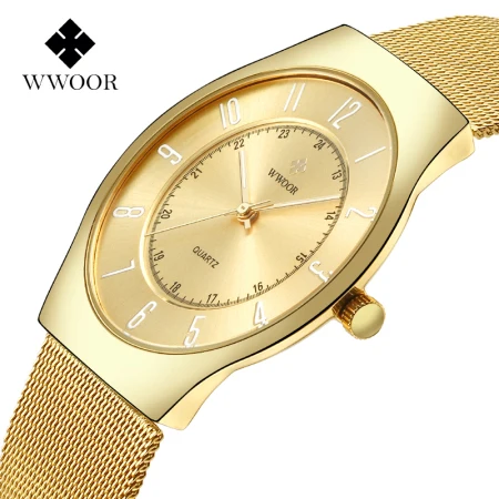 Топ люксовый бренд WWOOR мужские Ультра тонкие водонепроницаемые спортивные часы мужские кварцевые наручные часы мужские черные часы relogio masculino - Цвет: Gold