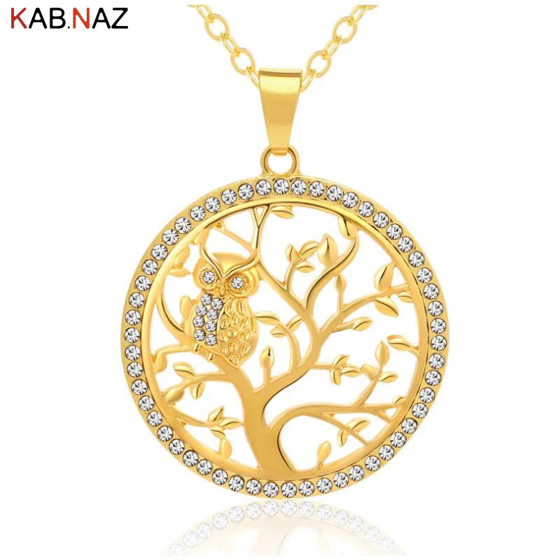 

Fashion Hot Tree of Life Crystal Round pendant necklace Gold/Silver Colors Chain statement Necklace Women Owl Jewelry 2019