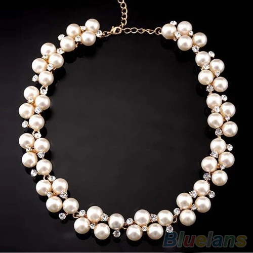 

Women's Fashion Shiny Alloy Golden Rhinestone Faux Pearl Beads Necklace Jewelry 00T4