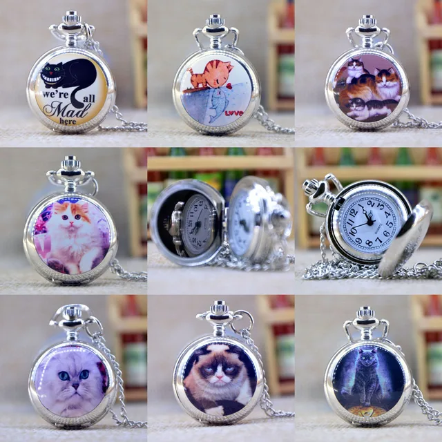New Fashion Silver Elegant Lovely Cat with Mirror Case Quartz Pocket Watch Analo New Fashion Silver Elegant Lovely Cat with Mirror Case Quartz Pocket Watch Analo