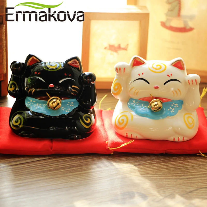 ERMAKOVA керамическая кошечка для монет Maneki Neko статуя кота Фортуны с колокольчиком