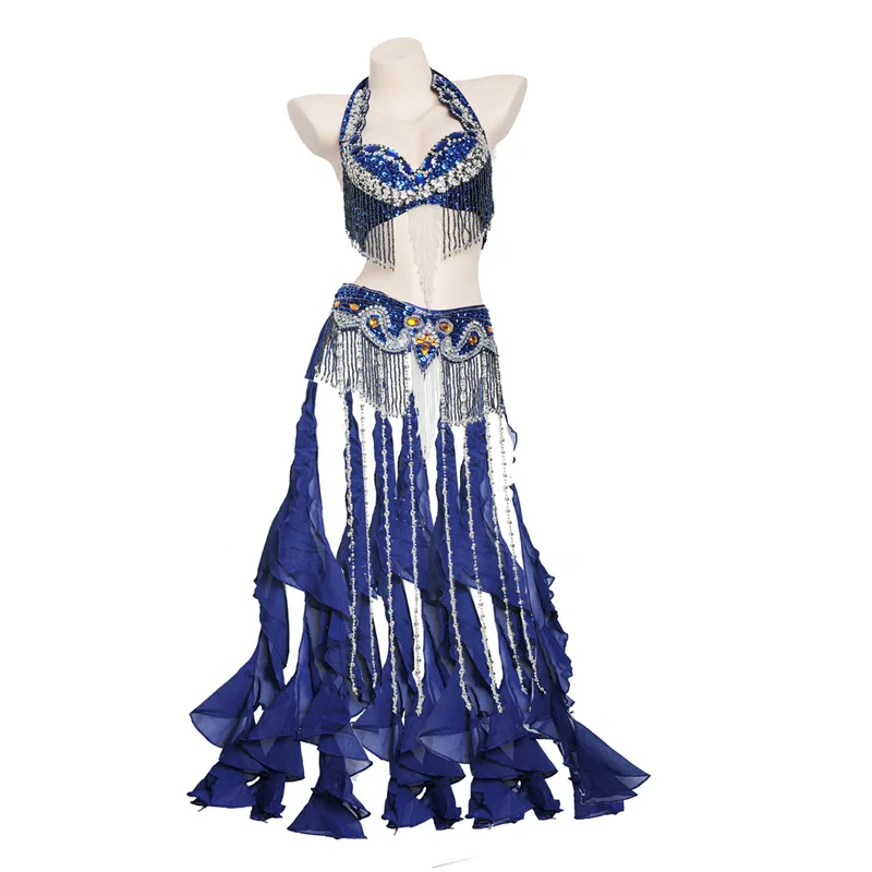Размер s-xl, женская танцевальная одежда для выступлений, профессиональная одежда из 2 предметов, костюм с восточными бусинами, пояс для танца живота, бюстгальтер с бахромой - Цвет: royal blue