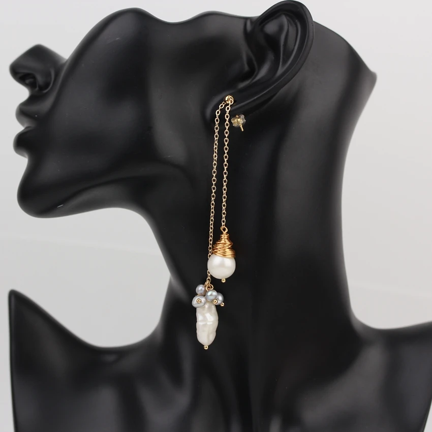 

White Grey Baroque Pearl Handmade Studs Earring For Women,Unique Multilayer Chain Pearl Long Hang Earstuds Jewelry Gift TSMN-26