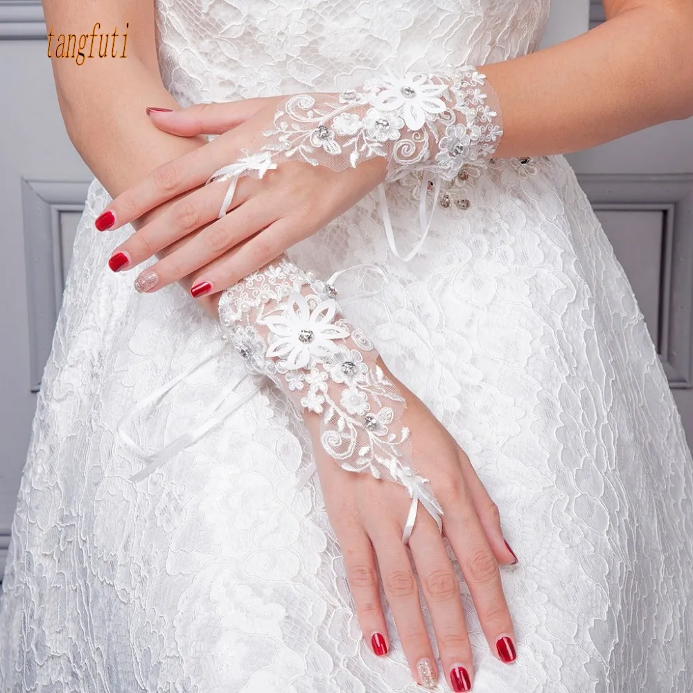 Ivory Fingerless Bridal Gloves Beads Pearls Appliques Wrist Length