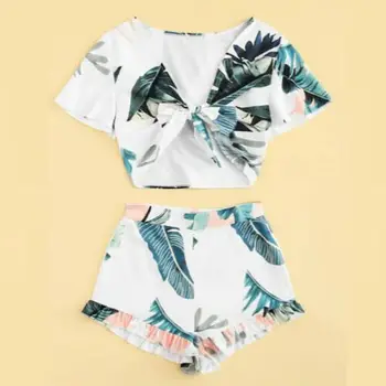 

Women Summer 2Piece Set V-Neck Bandge Crop Top and Shorts Loose Ruffles Outfit Short Casual Jumpsuit