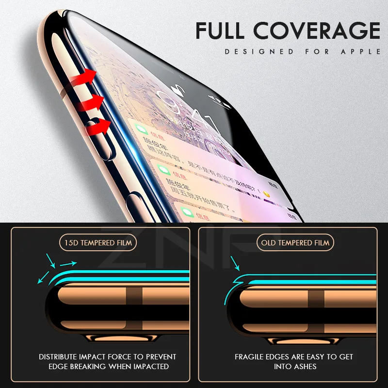 ZNP 15D Gebogene Rand Vollen Abdeckung Screen Protector glas auf die Für iPhone X XS Max XR Screen