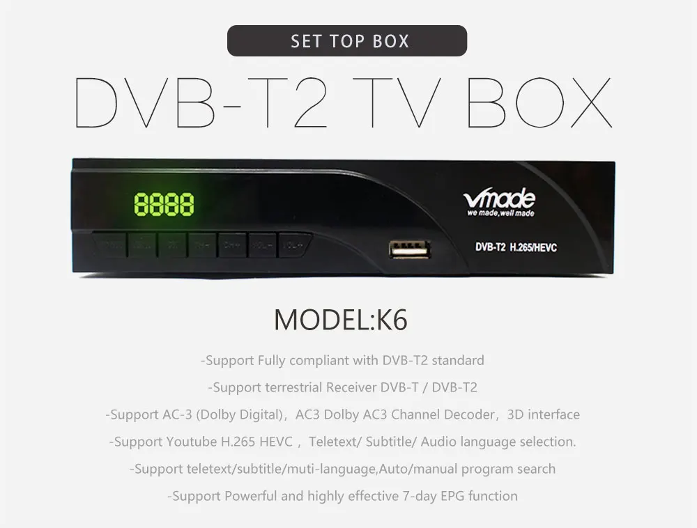 Vmade новейший DVB-T2 в наземном ТВ приемник коробка DVB T2 Full HD H.265 Поддержка RJ45 wifi Dolby Youtube Megogo PVR телеприставки
