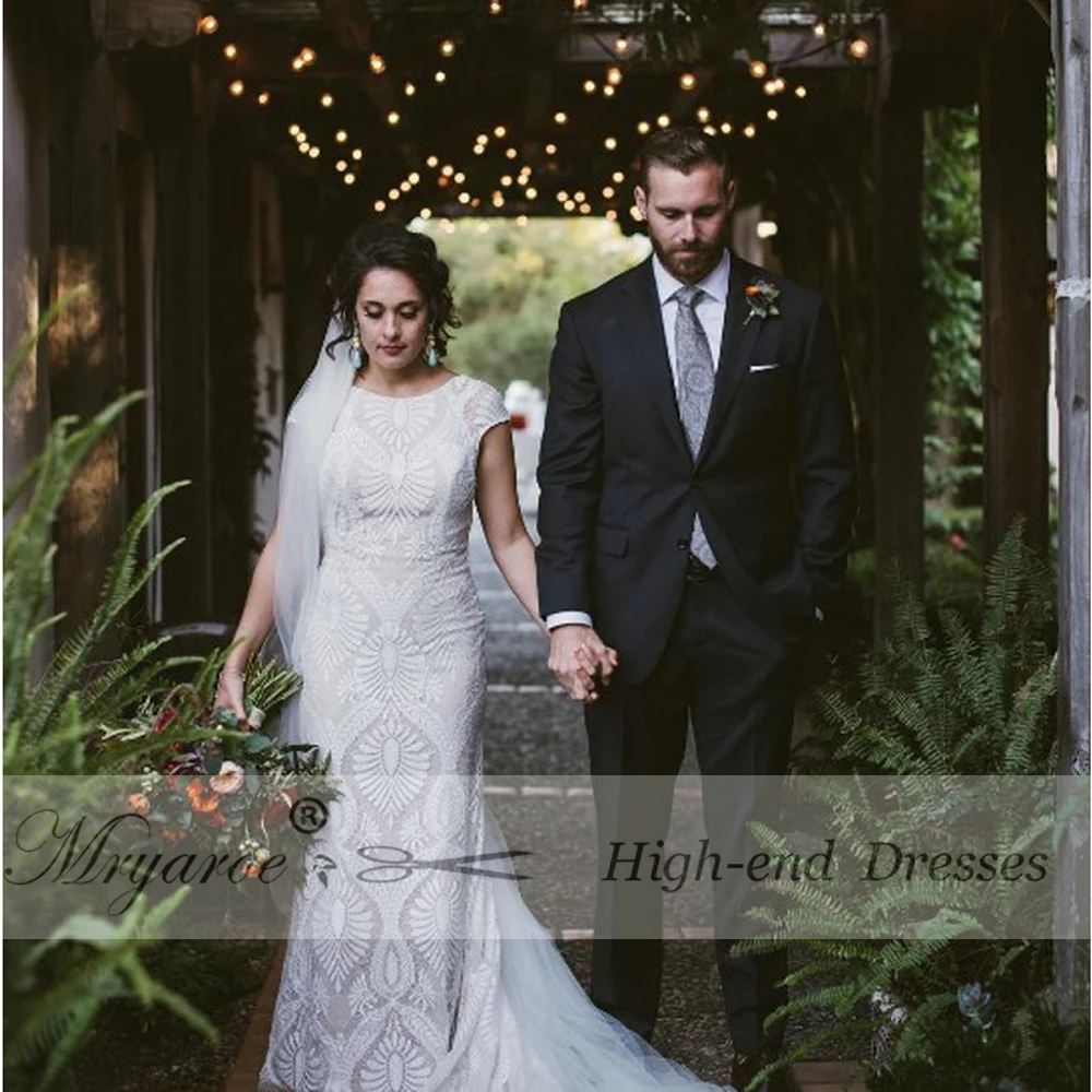 Mryarce Unique Lace Bohemian Wedding Dress With Cap Sleeves Open Back Mermaid Boho Bridal Gowns  (4)