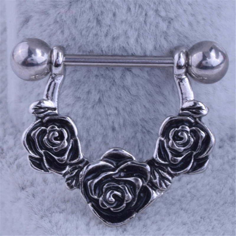 

2PCS New Arrival Dangle Nipple Rings Rose Flowers Stainless Steel Women Retro Bar Barbell Piercing Nipple Rings Body Jewelry